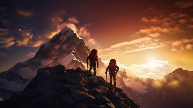 Photo two people are atop a mountain peak visualizing a team triumph