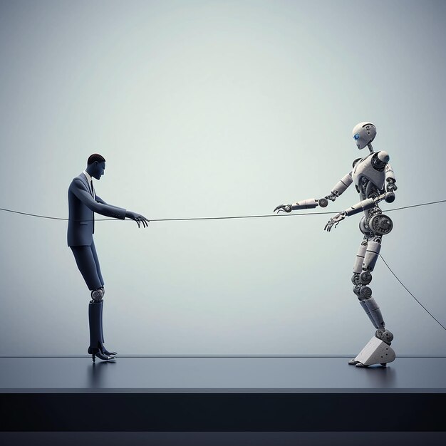 two people are holding a rope with one that says " robot ".