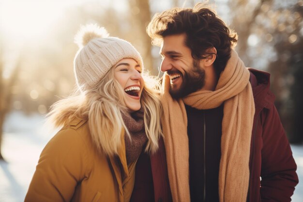 Two people are laughing together in winter sunlight The concept of joy and companionship