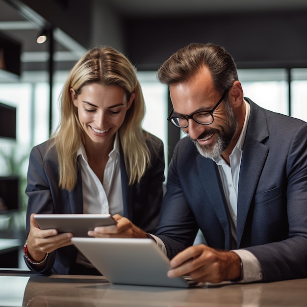 Two people are looking at a tablet and the man is looking at the screen.