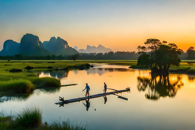 Two people are rowing a boat on a lake at sunset