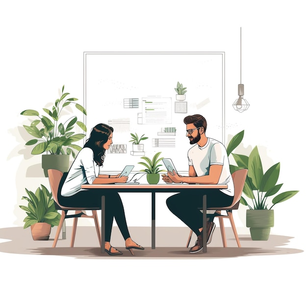 Photo two people are sitting at a table with a whiteboard and a plant