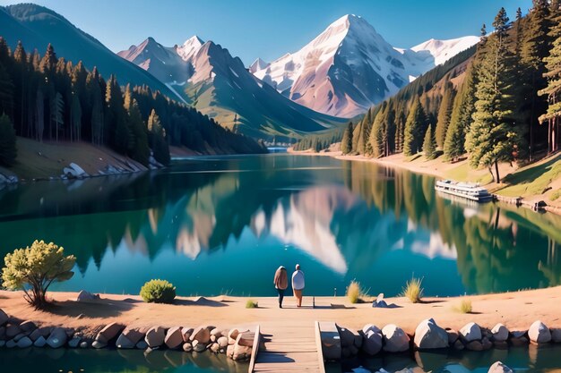 Two people are standing on a dock near a lake with mountains in the background