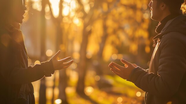 Photo two people are standing in a park facing each other with their hands outstretched