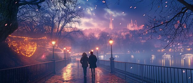 Photo two people are strolling on a bridge in the dusk