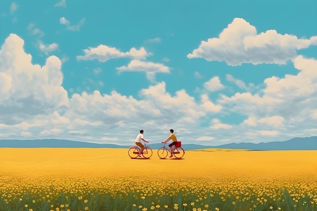 黄色い花畑で自転車に乗る 2 人