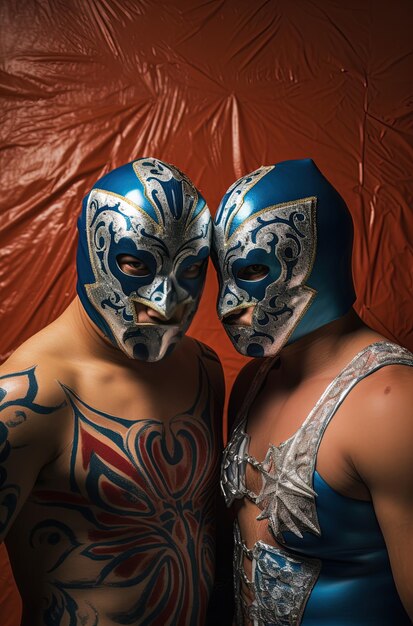파란색과 색을 입은 한 사람과 파란색 및 색 마스크를 입은 두 사람