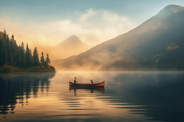 Two people in a boat on a lake with mountains in the background