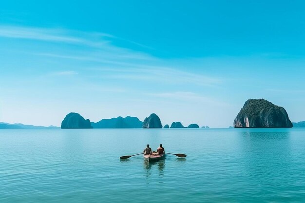 two people in a boat in the middle of a body of water