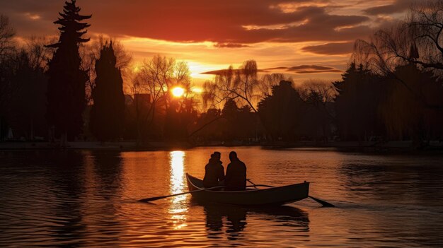 Two people in a boat at sunset in Retiro Park s lake Madrid Spain on March 28 2023