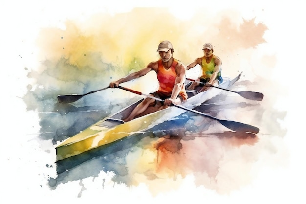 Two people in a boat with the word rowing on the front.