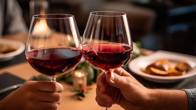 Two people clink their red wine glasses together while seated at dinner
