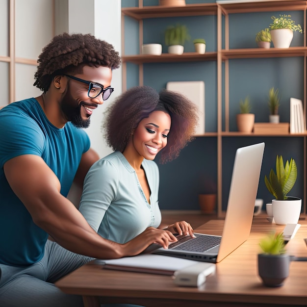 Two people collaborating working online at home office