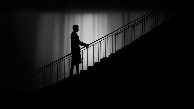 Two people descending the stairs in shadow