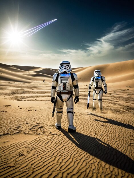 Photo two people in a desert with one of them wearing a star wars costume