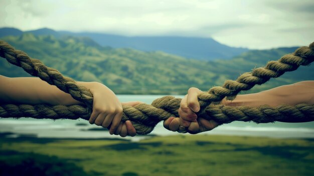 Photo two people of different ethnicities pulling a rope in a tug of war