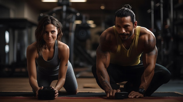 Foto due persone che fanno flessioni su un tappetino in una palestra ai generativa