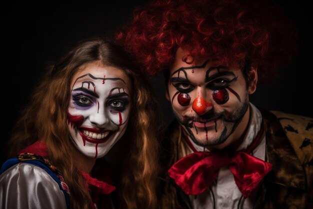 Two people dressed as clowns pose for a photo.