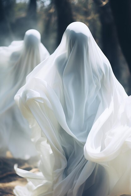 Photo two people dressed in white are walking in the woods