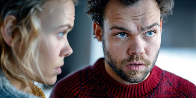 写真 two people engaged in a close serious conversation with expressive faces and intense eye contact