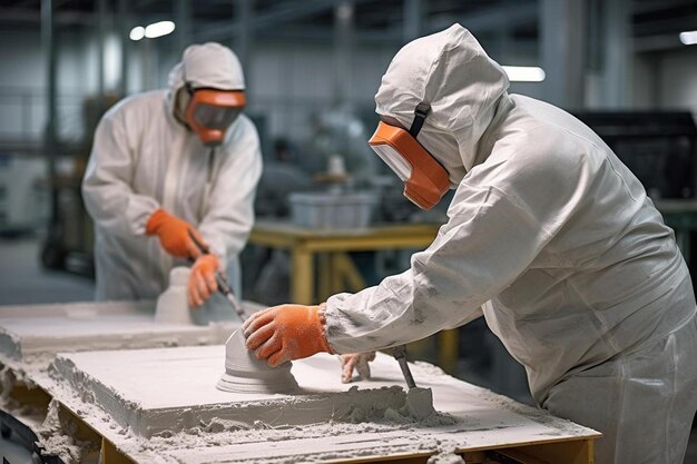 Photo two people in a factory making a clay pot