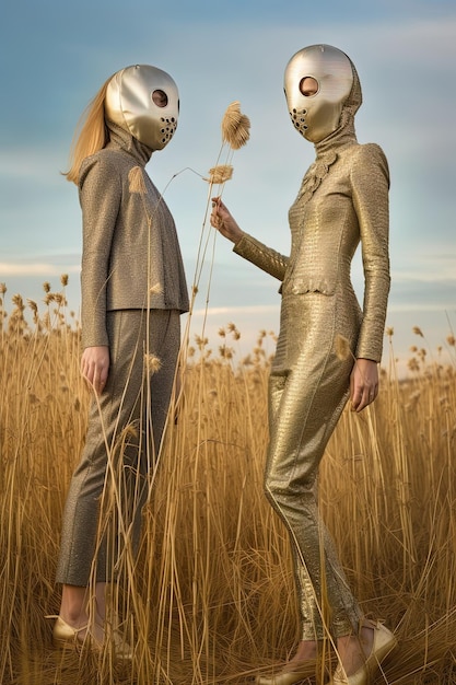 Photo two people in a field with a woman wearing a mask and a scarf that says  the girl is wearing