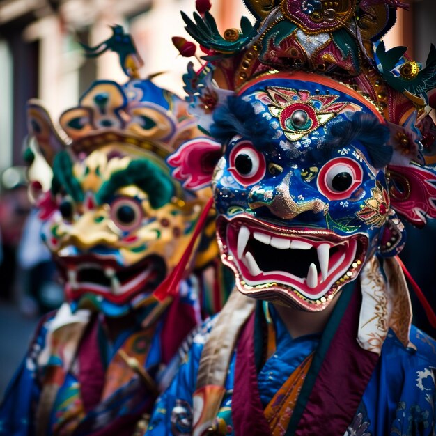 two people in front of a colorful mask with the word  god  on it