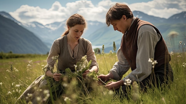 Two people gathering medicinal herbs plants in a meadow with mountains in the background