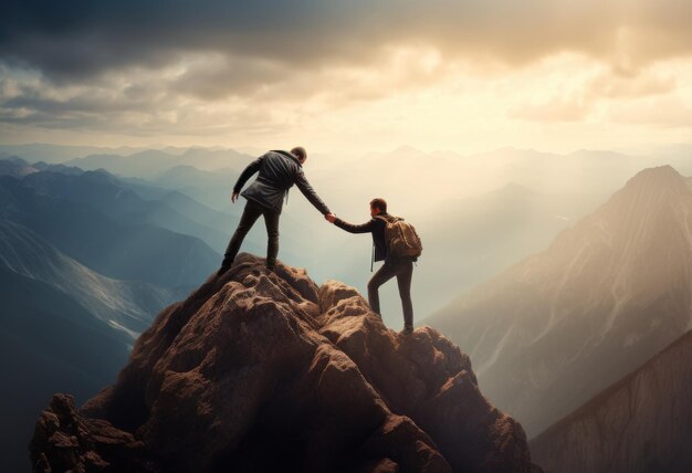 Two people helping each other on a mountain top