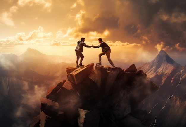 Foto due persone che si aiutano a vicenda sulla cima di una montagna