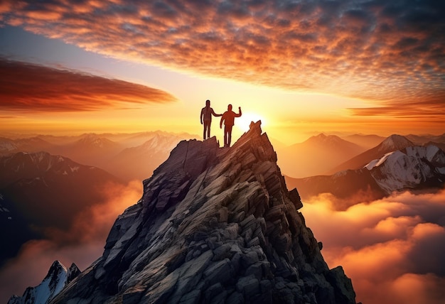 Two people helping each other on a mountain top