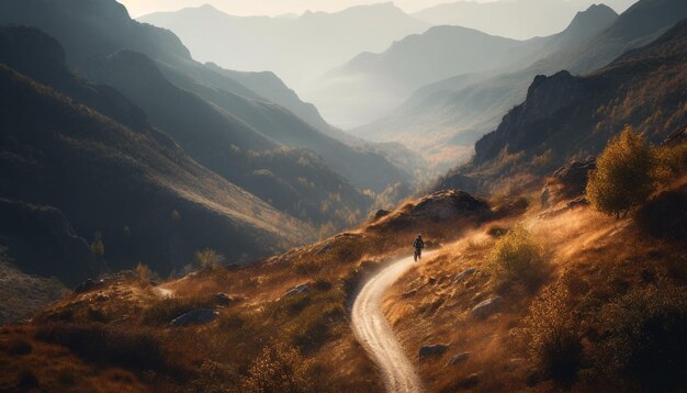 Two people hiking mountain peak enjoying nature beauty generated by artificial intelligence