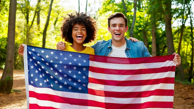 Два человека, держащих американский флаг, и в одном из них человек, держащий флаг с надписью "США".
