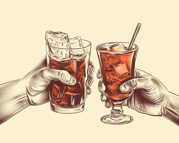 写真 two people holding glasses of soda and ice with a straw generative ai
