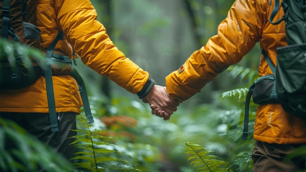 Two people holding hands in a forest