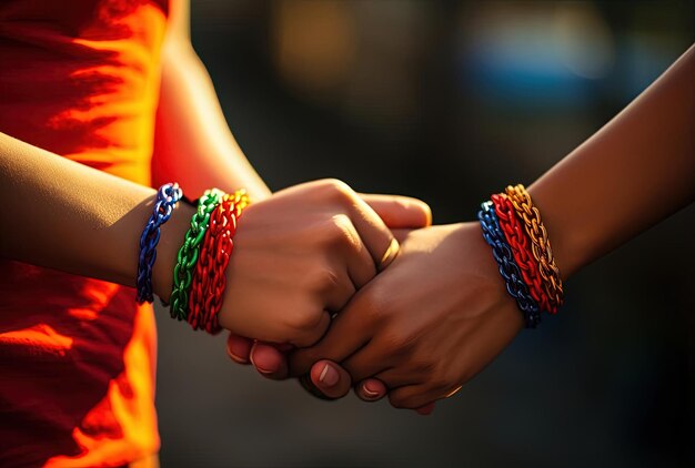 Foto due persone che tengono le mani braccialetti arcobaleno nello stile di tilt shift