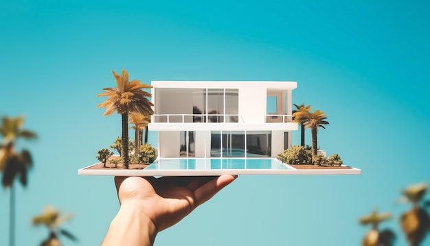 Two people holding a model of a house with a tree in front of it