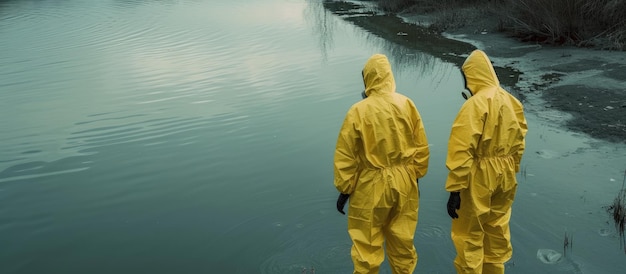 写真 ハズマットスーツを着た2人が有毒な廃棄物と汚染を表す水のそばに立っています