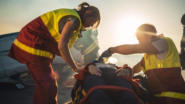 사진 노란 조끼를 입은 두 사람이 환자의 구조 작업을 준비하고 있다.