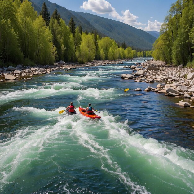 two people kayaking down a river with trees in the background