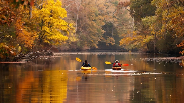 Two people kayaking on a river in the fall The trees are in full foliage and the leaves are turning yellow and orange The water is calm and still