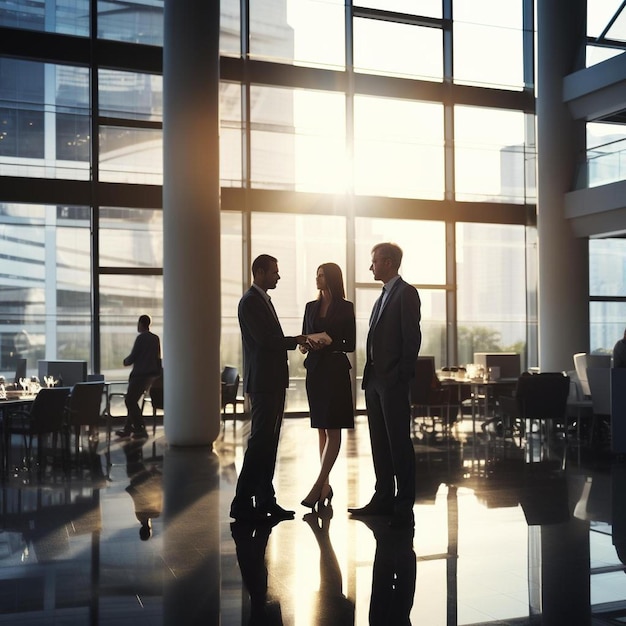 two people in a lobby with a large window behind them