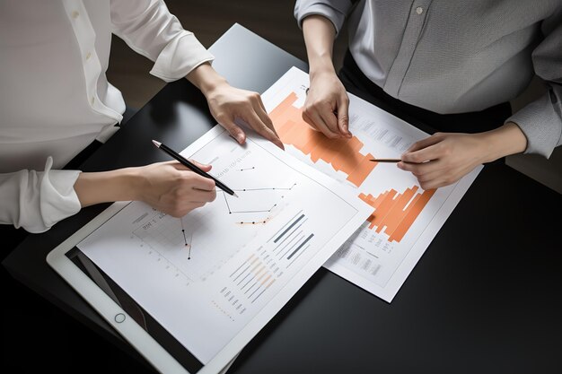 Two people looking at a chart on a table