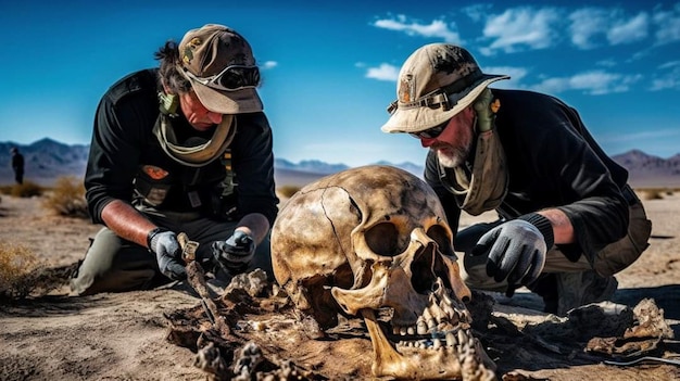 Two people looking at a skull that has the word skull on it.