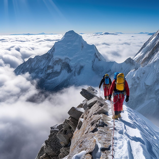 Two people on a mountain top looking at the sky with clouds below them