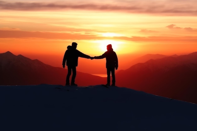 Two people on a mountain with the sun setting behind them