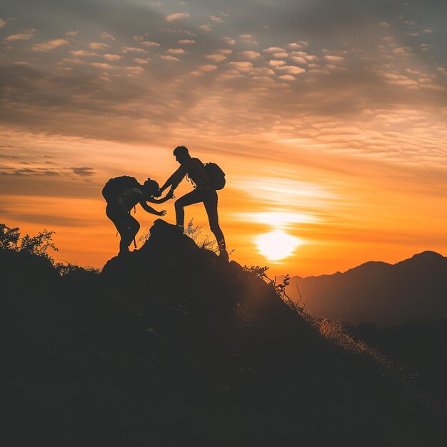 Foto due persone su una montagna con un tramonto sullo sfondo