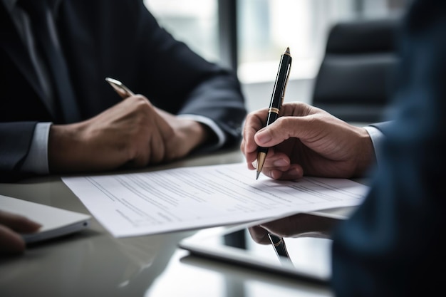 Two people in an office sitting at a desk across from each other signing papers daylight