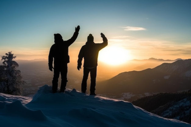 写真 夕日を背に山にいる二人
