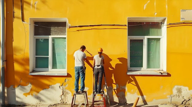 Два человека рисуют ярко-желтый внешний вид здания в солнечный день ремонта и совместной работы